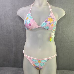 Cia Maritima Bikini M Pink Blue Tie Floral Houndstooth Checkered Patchwork Sty 2
